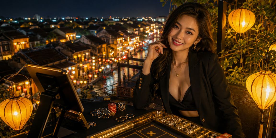 Người dùng xem tỷ lệ kèo bóng đá tại khu phố đèn lồng Hội An ban đêm