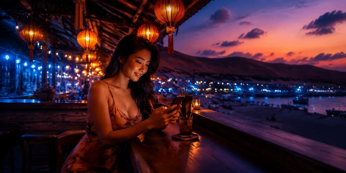 Người dùng trải nghiệm casino trực tuyến trên điện thoại di động tại chợ đêm Mũi Né