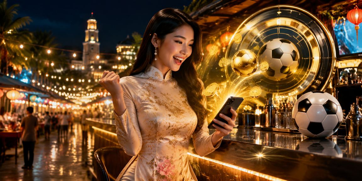 Người dùng trong trang phục áo dài tại Phú Quốc theo dõi kèo bóng đá trực tuyến trên điện thoại