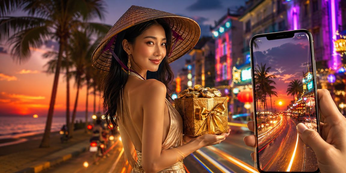 Người dùng thư giãn tại bãi biển Phú Quốc với điện thoại di động trải nghiệm casino trực tuyến một cách cân bằng